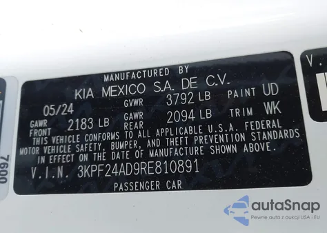 2024 Kia Forte Lx z USA, uszkodzony, nr VIN 3KPF24AD9RE810891